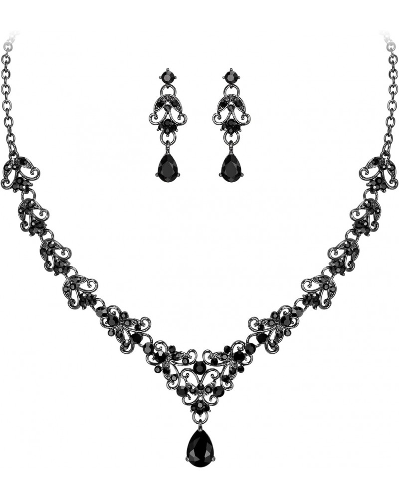 Black Crystal Jewelry Set for Wedding Party, Sparkly Rhinestone Floral Vine Teardrop Necklace Earrings Set for Women $10.57 J...