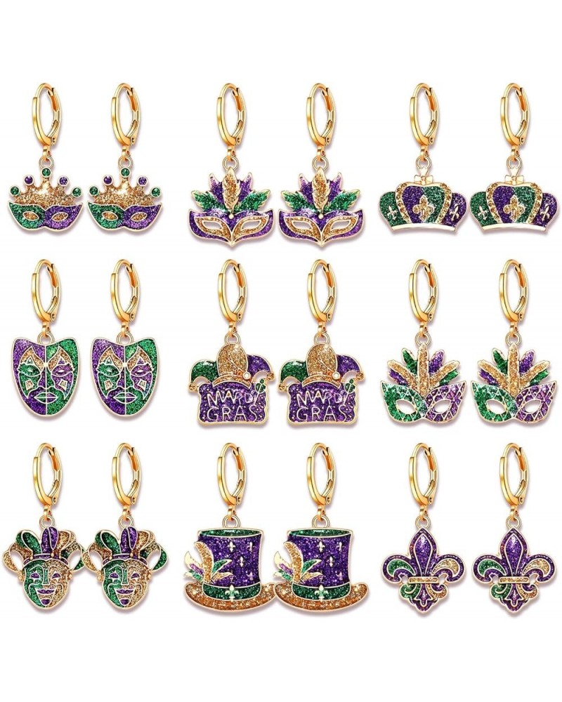 9/12Pairs Mardi Gras Earrings for Women, Crown Mask Fleur De Lis Earrings Glitter Carnival Parade Party Earrings for Fat Tues...