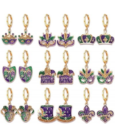 9/12Pairs Mardi Gras Earrings for Women, Crown Mask Fleur De Lis Earrings Glitter Carnival Parade Party Earrings for Fat Tues...