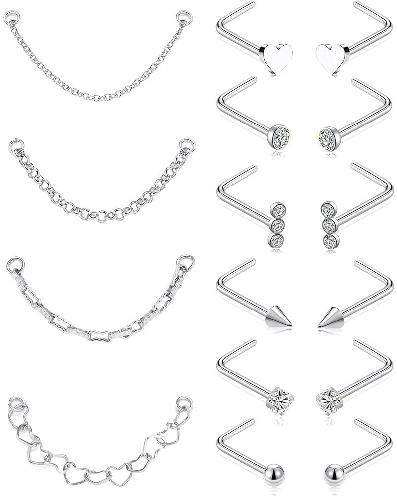 Nose Chain Piercing Across Double Nose Stud Chain CZ Heart Ball L Shaped Nose Chain(3.8CM-4.2CM) Nostril Piercing Jewelry for...