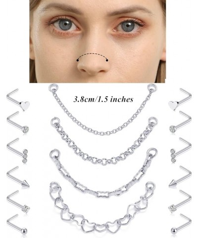 Nose Chain Piercing Across Double Nose Stud Chain CZ Heart Ball L Shaped Nose Chain(3.8CM-4.2CM) Nostril Piercing Jewelry for...