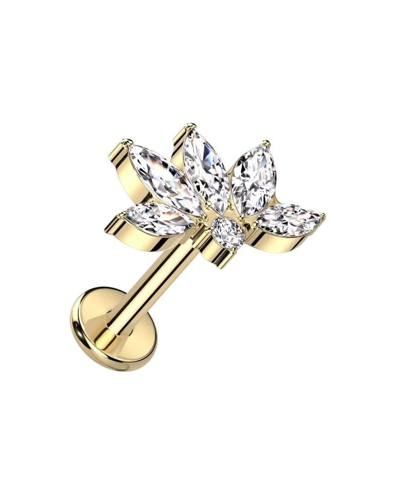 16GA F136 Implant Grade Titanium Internally Threaded CZ Crystal Marquise Flower Top Labret Stud Gold Tone $10.46 Body Jewelry