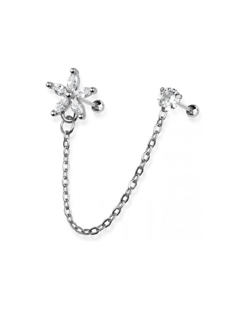 18GA 316L Stainless Steel Flower and Round CZ Crystal Connecting Chain Linked Cartilage Barbells Silver Tone $10.06 Body Jewelry