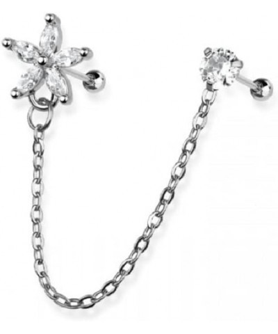 18GA 316L Stainless Steel Flower and Round CZ Crystal Connecting Chain Linked Cartilage Barbells Silver Tone $10.06 Body Jewelry