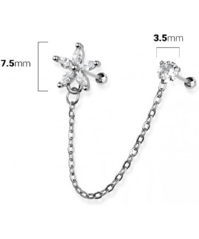 18GA 316L Stainless Steel Flower and Round CZ Crystal Connecting Chain Linked Cartilage Barbells Silver Tone $10.06 Body Jewelry