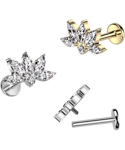 16GA F136 Implant Grade Titanium Internally Threaded CZ Crystal Marquise Flower Top Labret Stud Gold Tone $10.46 Body Jewelry