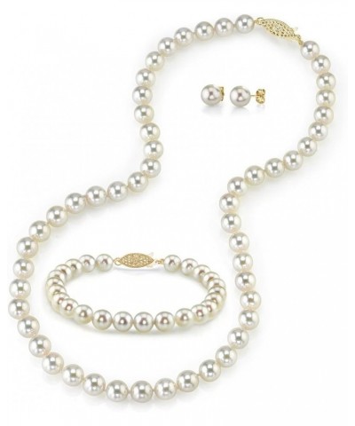 14K Gold 7.5-8mm Round White Akoya Cultured Pearl Necklace, Bracelet & Earrings Set for Women 17.0 Inches Yellow Gold $596.14...