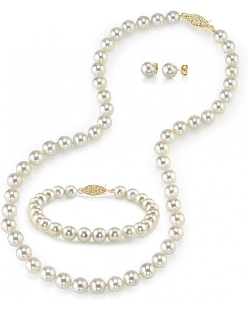 14K Gold 7.5-8mm Round White Akoya Cultured Pearl Necklace, Bracelet & Earrings Set for Women 17.0 Inches Yellow Gold $596.14...