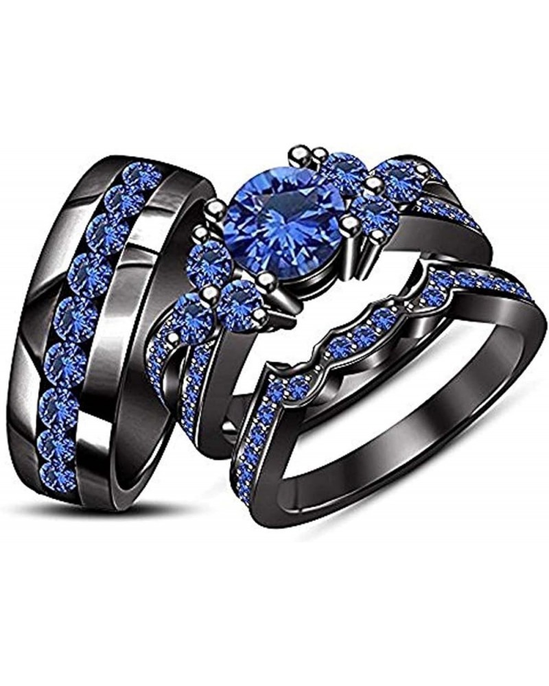 Round Created Blue Sapphire 14K Black Gold Plated 925 Sterling Silver Bridal Anniversary Wedding Trio Ring Set for Him & Her ...