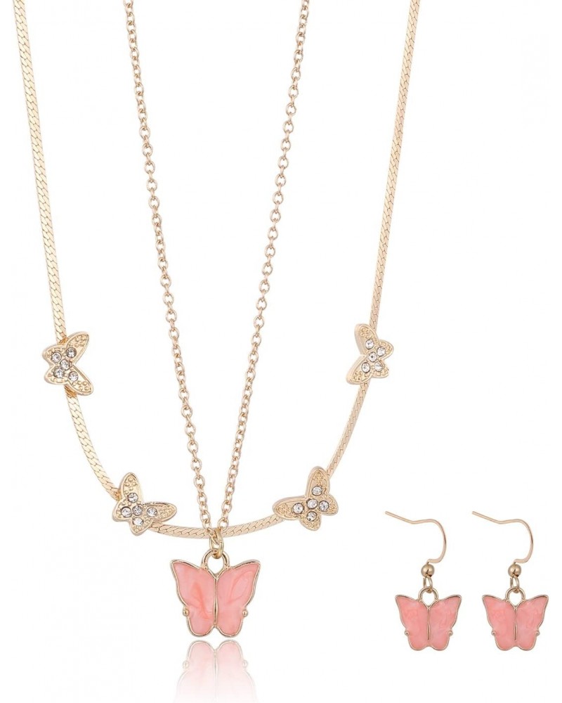 14k Gold Butterfly Necklace for Women, Pink Necklace with Earring Set Crystl Rhinestone Jewelry Girls Birthday Gift. $10.25 J...