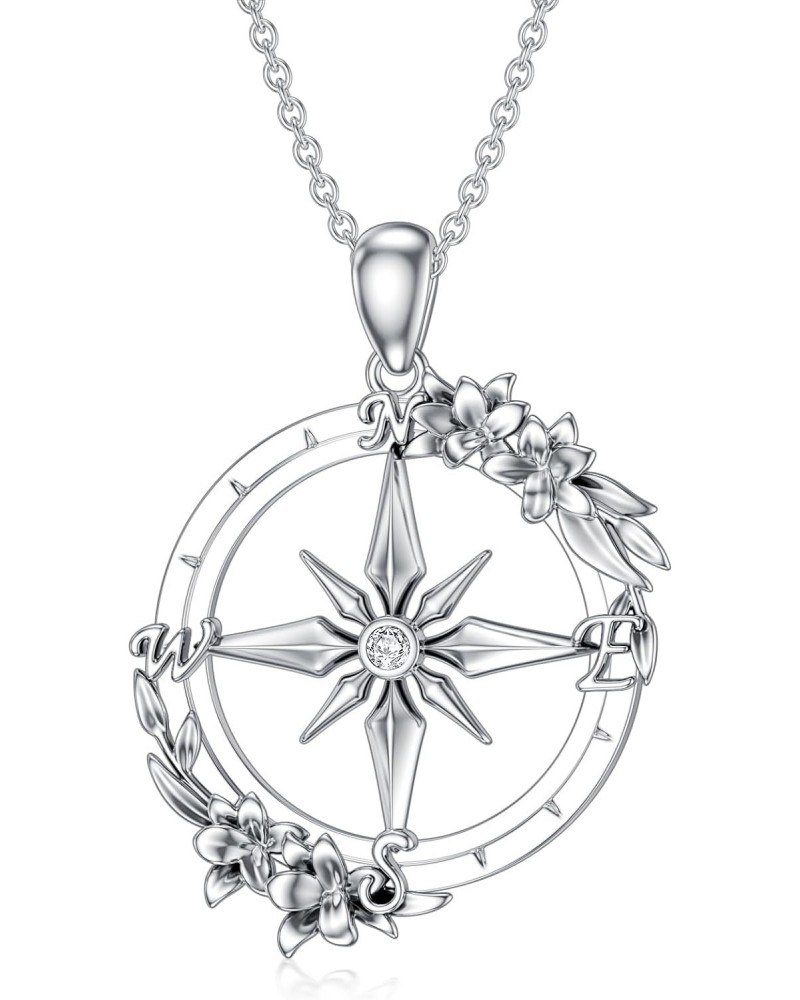 Diamond Compass Necklace for Women 925 Sterling Silver Flower Compass Pendant Necklace Travel Diamond Jewelry Birthday Christ...