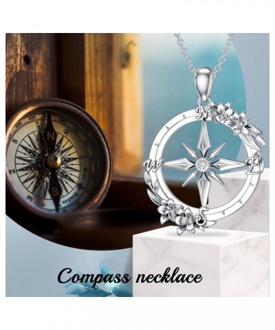 Diamond Compass Necklace for Women 925 Sterling Silver Flower Compass Pendant Necklace Travel Diamond Jewelry Birthday Christ...