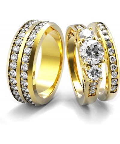 Couple Ring Bridal Set His Hers White Gold Plated CZ Stainless Steel Wedding Ring Band Set Yellow women's size 8& men's size ...