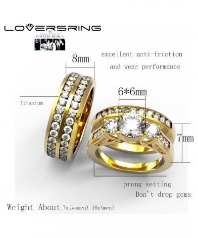 Couple Ring Bridal Set His Hers White Gold Plated CZ Stainless Steel Wedding Ring Band Set Yellow women's size 8& men's size ...