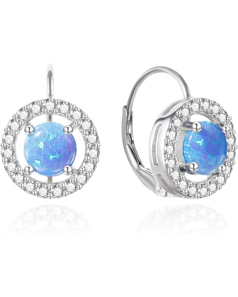 Sterling Silver Created Opal Birthstone Leverback Earrings for Women Cubic Zirconia Halo Earring Jewelry Gift Created Blue Op...