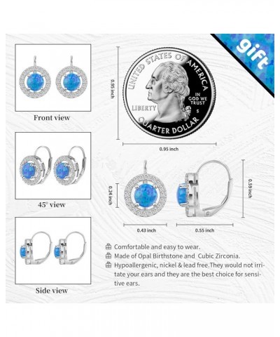 Sterling Silver Created Opal Birthstone Leverback Earrings for Women Cubic Zirconia Halo Earring Jewelry Gift Created Blue Op...