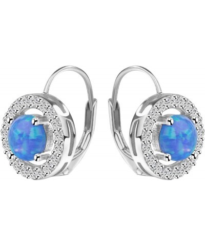 Sterling Silver Created Opal Birthstone Leverback Earrings for Women Cubic Zirconia Halo Earring Jewelry Gift Created Blue Op...