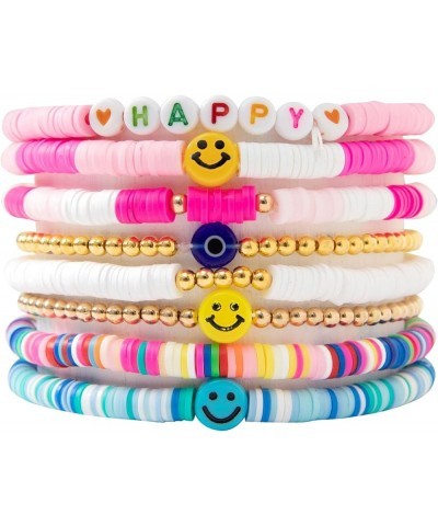 8Pcs Smile Disc Surfer Bracelets Colorful Clay Happy Smile Evil Eye Beaded Stackable Bracelet Bohemia Multicolor Polymer Clay...