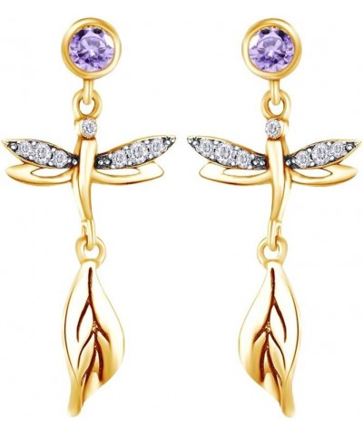 Round Cut Simulated Birthstone & White Cubic Zirconia Dragonfly Drop Earrings with Push Back Jewelry For Women In 14k Gold Ov...