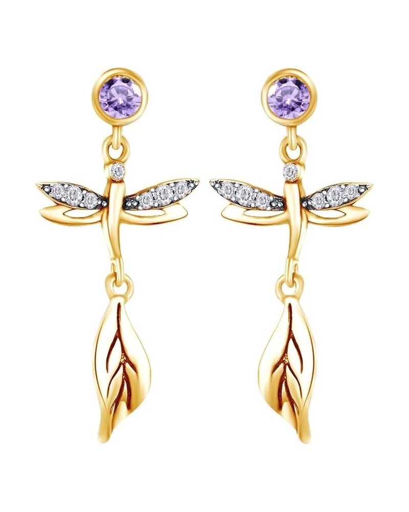 Round Cut Simulated Birthstone & White Cubic Zirconia Dragonfly Drop Earrings with Push Back Jewelry For Women In 14k Gold Ov...