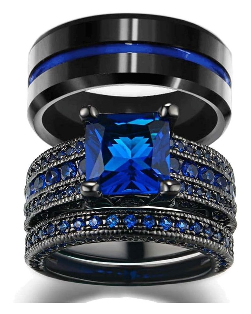 His and Hers Wedding Ring Sets Couples Rings Women 10K Black Gold Filled Blue Cz Wedding Engagement Ring Bridal Sets Men's St...