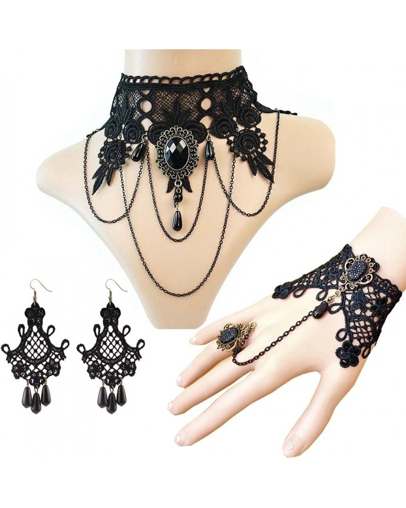 4PCS Choker Lace Necklace with Bracelet Set Punk Party Gothic Vintage Handmade Victorian Steampunk Retro Gears Lace Vampire B...