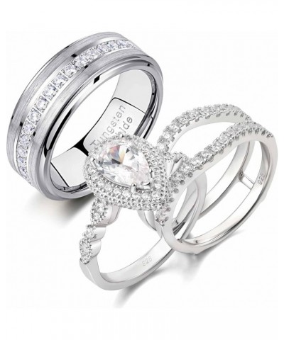 Wedding Ring Sets for Him and Her AAAAA Cz Promise Rings for Couples Women Mens Band Pear Shape Size 5-13 Men's Size 11 & Wom...