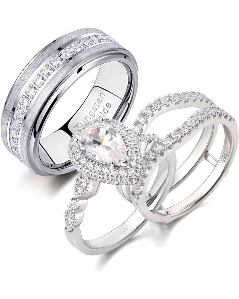 Wedding Ring Sets for Him and Her AAAAA Cz Promise Rings for Couples Women Mens Band Pear Shape Size 5-13 Men's Size 11 & Wom...