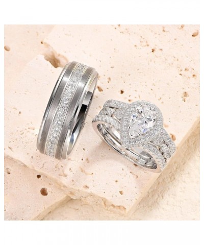 Wedding Ring Sets for Him and Her AAAAA Cz Promise Rings for Couples Women Mens Band Pear Shape Size 5-13 Men's Size 11 & Wom...