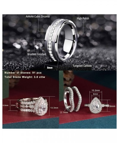 Wedding Ring Sets for Him and Her AAAAA Cz Promise Rings for Couples Women Mens Band Pear Shape Size 5-13 Men's Size 11 & Wom...