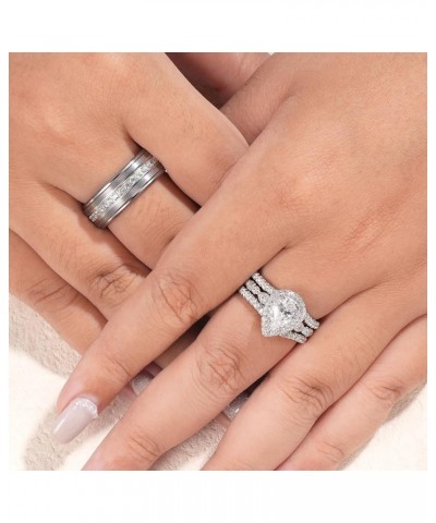 Wedding Ring Sets for Him and Her AAAAA Cz Promise Rings for Couples Women Mens Band Pear Shape Size 5-13 Men's Size 11 & Wom...