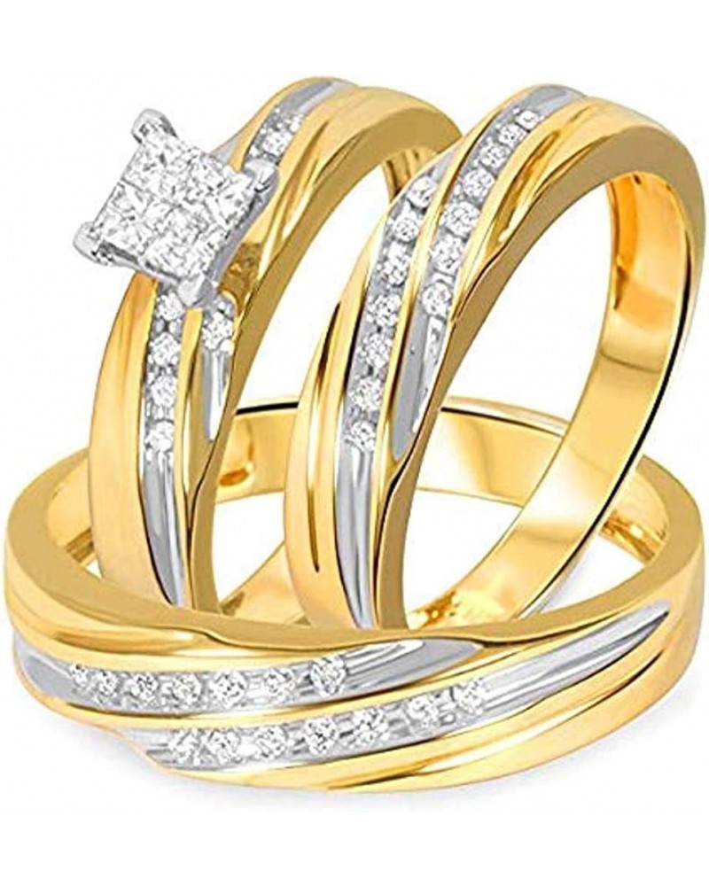 Princess D/VVS1 Diamond 14K Two-Tone Gold Plated 925 Sterling Silver Bridal Wedding Trio Ring Set for Him & Her Women Size 7....