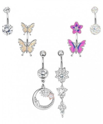 6Pcs Stainless Steel Dangle Belly Button Rings for Women Butterfly Moon Cz Navel Ring Body Piercing Jewelry 14G Silver $9.17 ...