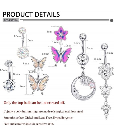 6Pcs Stainless Steel Dangle Belly Button Rings for Women Butterfly Moon Cz Navel Ring Body Piercing Jewelry 14G Silver $9.17 ...