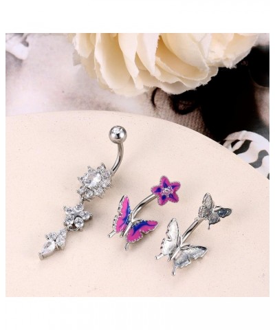 6Pcs Stainless Steel Dangle Belly Button Rings for Women Butterfly Moon Cz Navel Ring Body Piercing Jewelry 14G Silver $9.17 ...