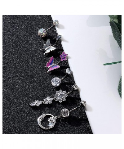 6Pcs Stainless Steel Dangle Belly Button Rings for Women Butterfly Moon Cz Navel Ring Body Piercing Jewelry 14G Silver $9.17 ...