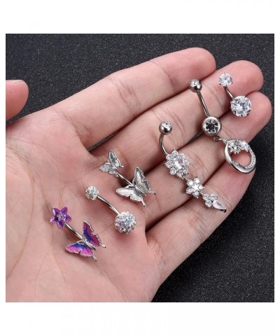 6Pcs Stainless Steel Dangle Belly Button Rings for Women Butterfly Moon Cz Navel Ring Body Piercing Jewelry 14G Silver $9.17 ...