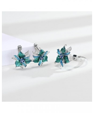 925 Sterling Silver Plated Green Leaves Flower Bridal Jewelry Colorful Enamel Jewelry Set CZ Simulated Diamond Sapphire Party...