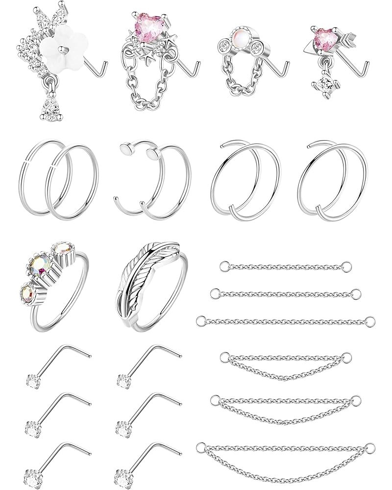 24Pcs 20G Stainless Steel Nose Ring Chain Piercing Across Double Nose Stud with Nose Chain Nostril Piercing Jewelry Silver $1...