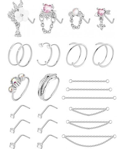 24Pcs 20G Stainless Steel Nose Ring Chain Piercing Across Double Nose Stud with Nose Chain Nostril Piercing Jewelry Silver $1...