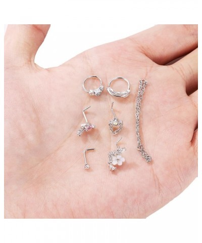 24Pcs 20G Stainless Steel Nose Ring Chain Piercing Across Double Nose Stud with Nose Chain Nostril Piercing Jewelry Silver $1...