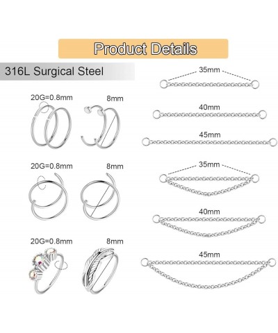 24Pcs 20G Stainless Steel Nose Ring Chain Piercing Across Double Nose Stud with Nose Chain Nostril Piercing Jewelry Silver $1...