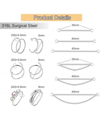 24Pcs 20G Stainless Steel Nose Ring Chain Piercing Across Double Nose Stud with Nose Chain Nostril Piercing Jewelry Silver $1...