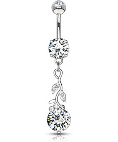 14GA CZ Crystal Gemmed Vine and Leaves Dangling Belly Button Ring Silver Tone $8.80 Body Jewelry