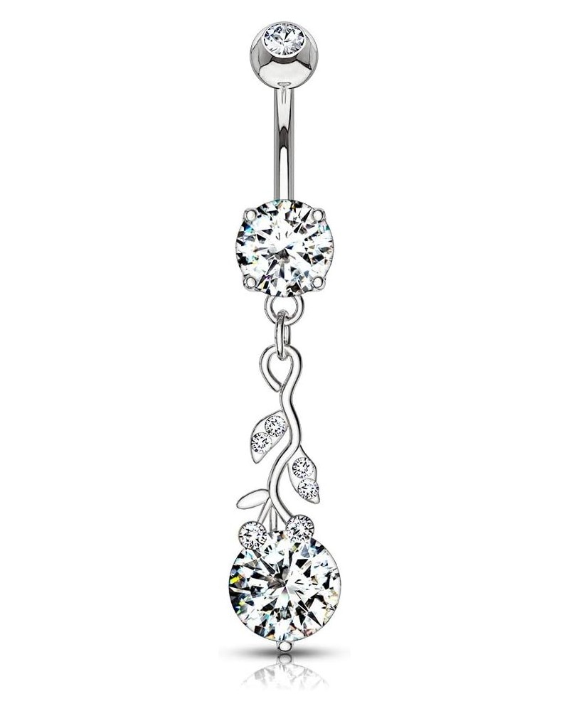 14GA CZ Crystal Gemmed Vine and Leaves Dangling Belly Button Ring Silver Tone $8.80 Body Jewelry