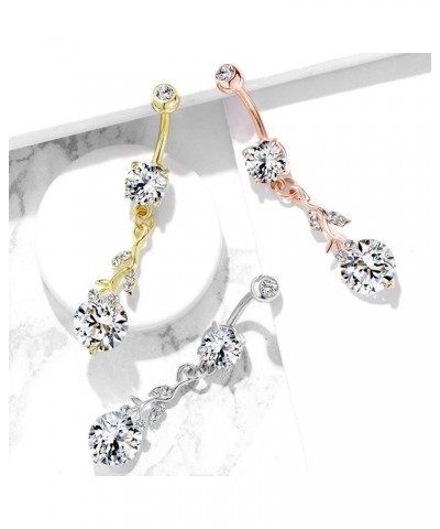 14GA CZ Crystal Gemmed Vine and Leaves Dangling Belly Button Ring Silver Tone $8.80 Body Jewelry