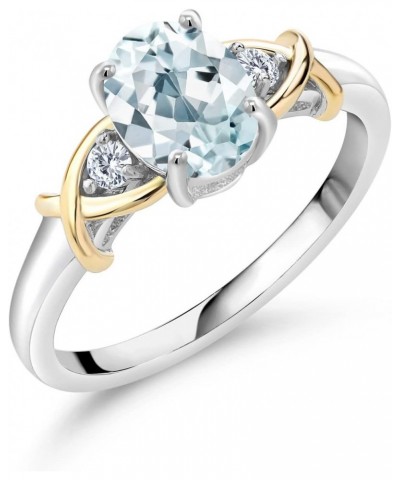 2 Tone 10K Yellow Gold and 925 Sterling Silver Sky Blue Aquamarine and White Lab Grown Diamond Ring For Women (1.28 Cttw, Ava...