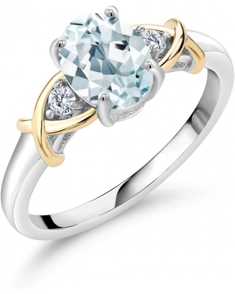 2 Tone 10K Yellow Gold and 925 Sterling Silver Sky Blue Aquamarine and White Lab Grown Diamond Ring For Women (1.28 Cttw, Ava...