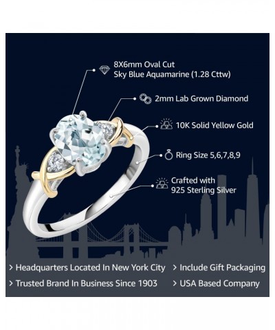 2 Tone 10K Yellow Gold and 925 Sterling Silver Sky Blue Aquamarine and White Lab Grown Diamond Ring For Women (1.28 Cttw, Ava...