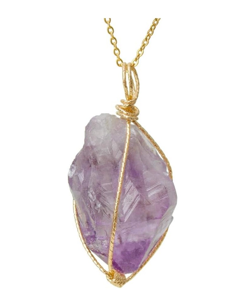 Wire Wrapped Raw Gemstone Crystal Pendant Necklace Handmade Natural Healing Crystal Jewelry for Women Purple $9.71 Necklaces